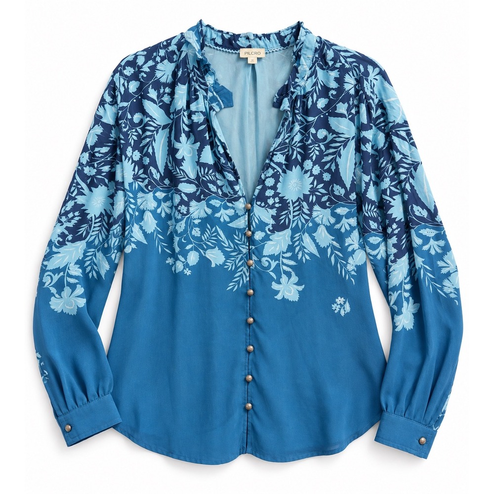 Pilcro Anthropologie Blue Floral Ombre Button Down Blouse 1X Ruffle Long Sleeve